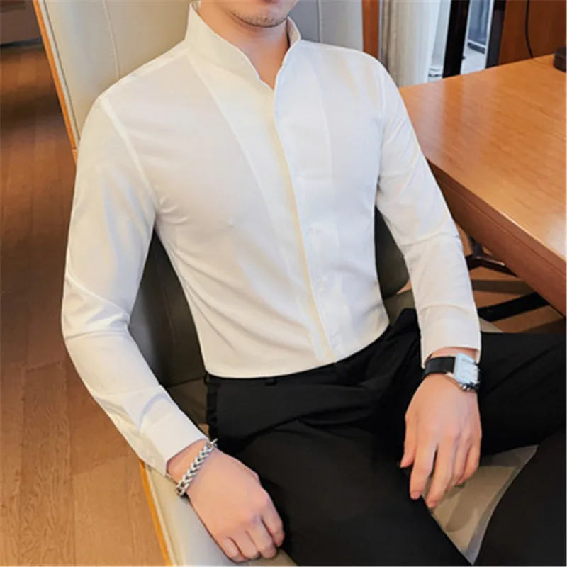 Elegant Long-Sleeve Formal Button Up Shirt for Weddings and Business Events 