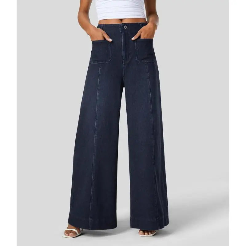 High Waist Casual Jeans with Front Pockets and Four-Way Stretch – Washed Straight Leg Denim 0