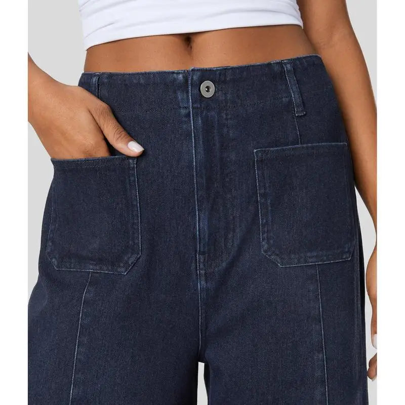 High Waist Casual Jeans with Front Pockets and Four-Way Stretch – Washed Straight Leg Denim 3
