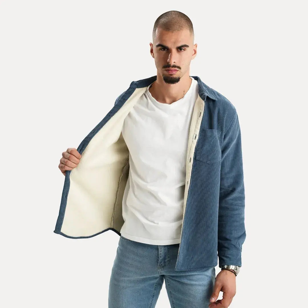 Men's Long Sleeve Corduroy Shirt with Plush Fur Lining – Soft Cotton Blend, Button-Up Casual Top 