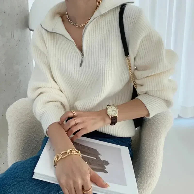 Oversized Women's Knitted Sweater with Zipper and Lapel – Casual Autumn Jumper for Comfortable Layering 6