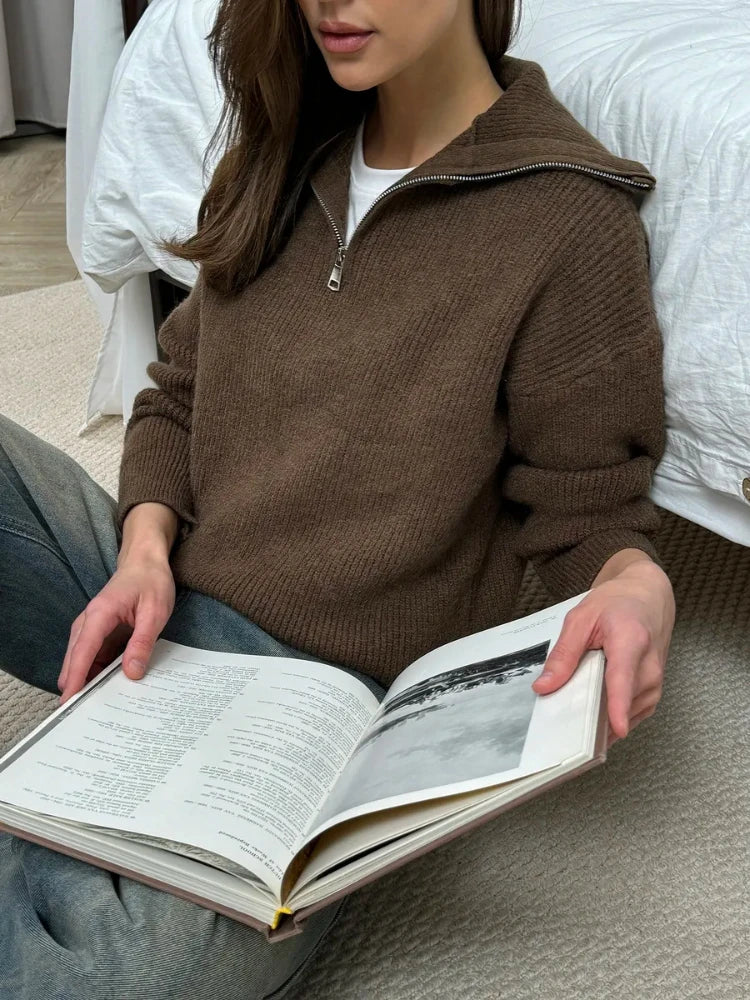 Oversized Women's Knitted Sweater with Zipper and Lapel – Casual Autumn Jumper for Comfortable Layering 7