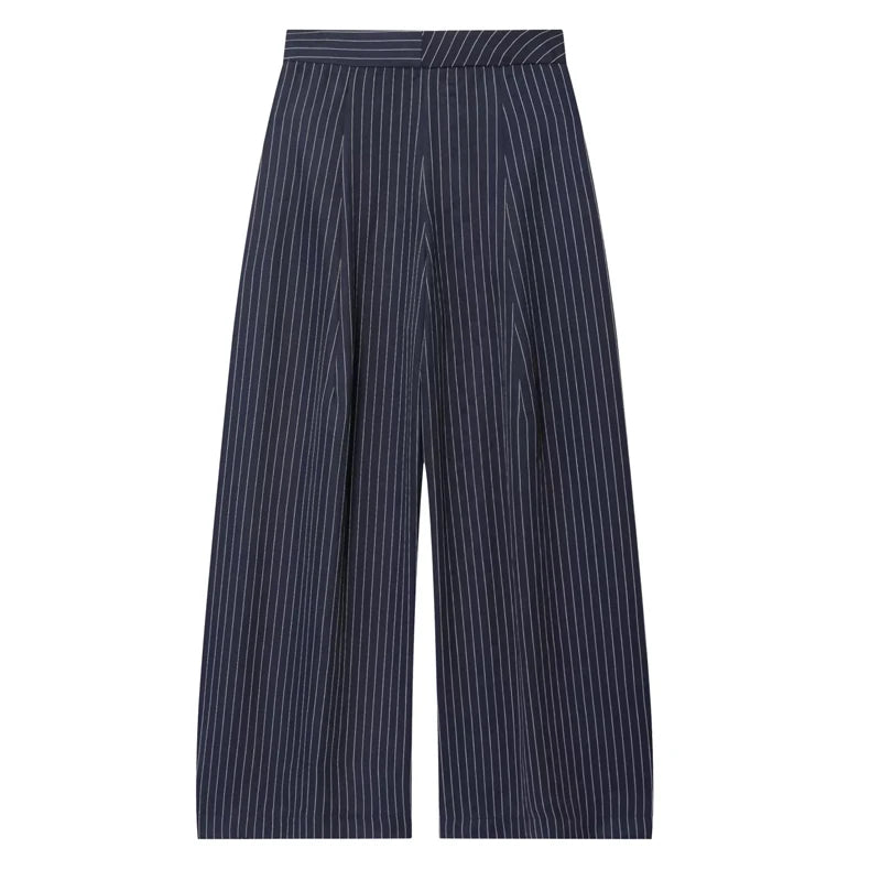 Women's Baggy Wide Leg Trousers with Pleats – Striped Office and Casual Pants 1
