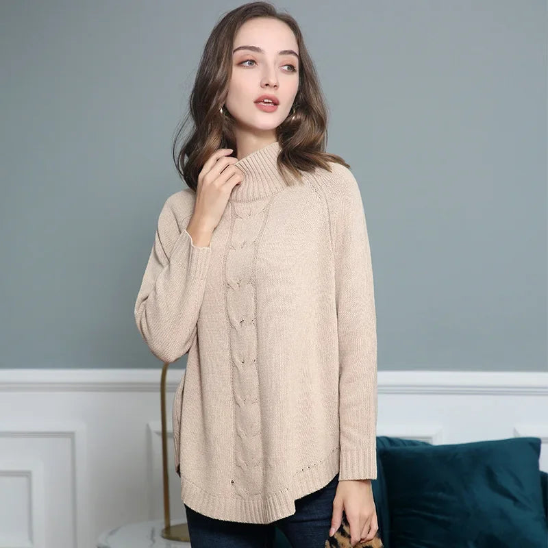 Women's Batwing Sweater with High Collar – Cozy Polyester Pullover for Autumn and Winter 1