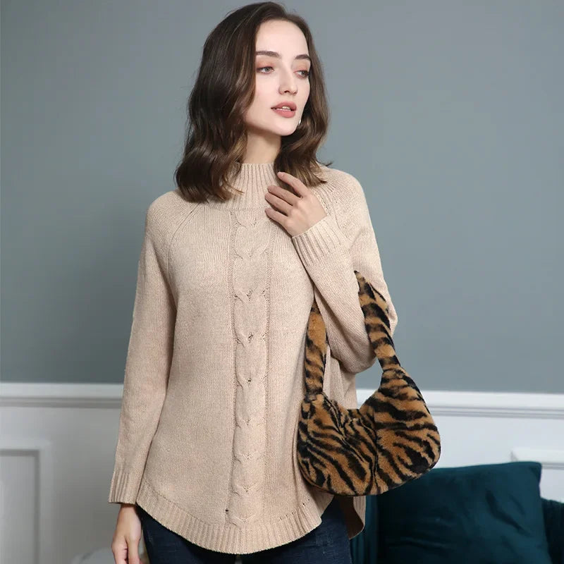 Women's Batwing Sweater with High Collar – Cozy Polyester Pullover for Autumn and Winter 2