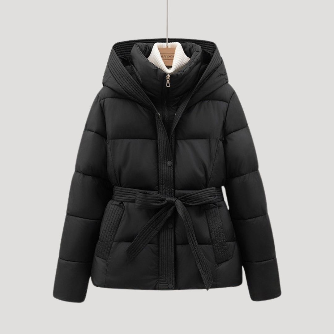 Women's Black Puffer Jacket with Hood and Belted Waist - Warm Lightweight Winter Coat for Women 1