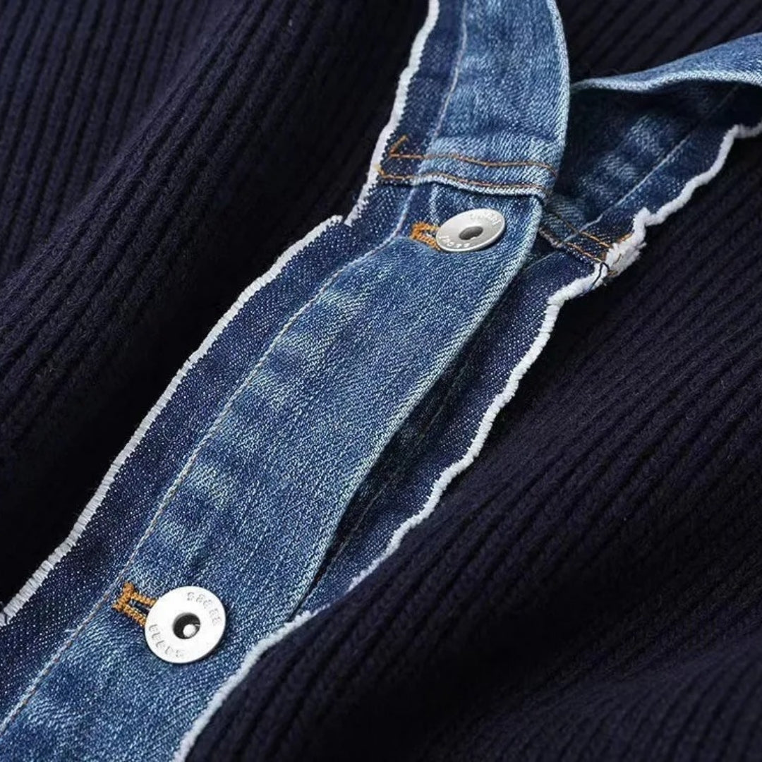 Women's Navy Long Cardigan with Denim Trim – Slim Fit Knit Layering Piece with Long Sleeves 6